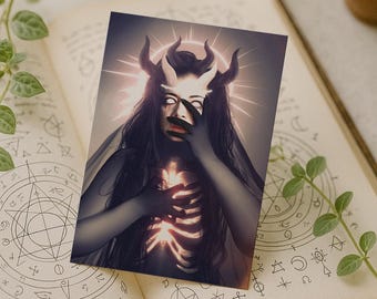Sacred Heart Demon Girl Mini Print | Gothic Skeletal Woman Art | Dark Mystical Illustration 4x6" | Occult Wall Decor by Olivia Rovere