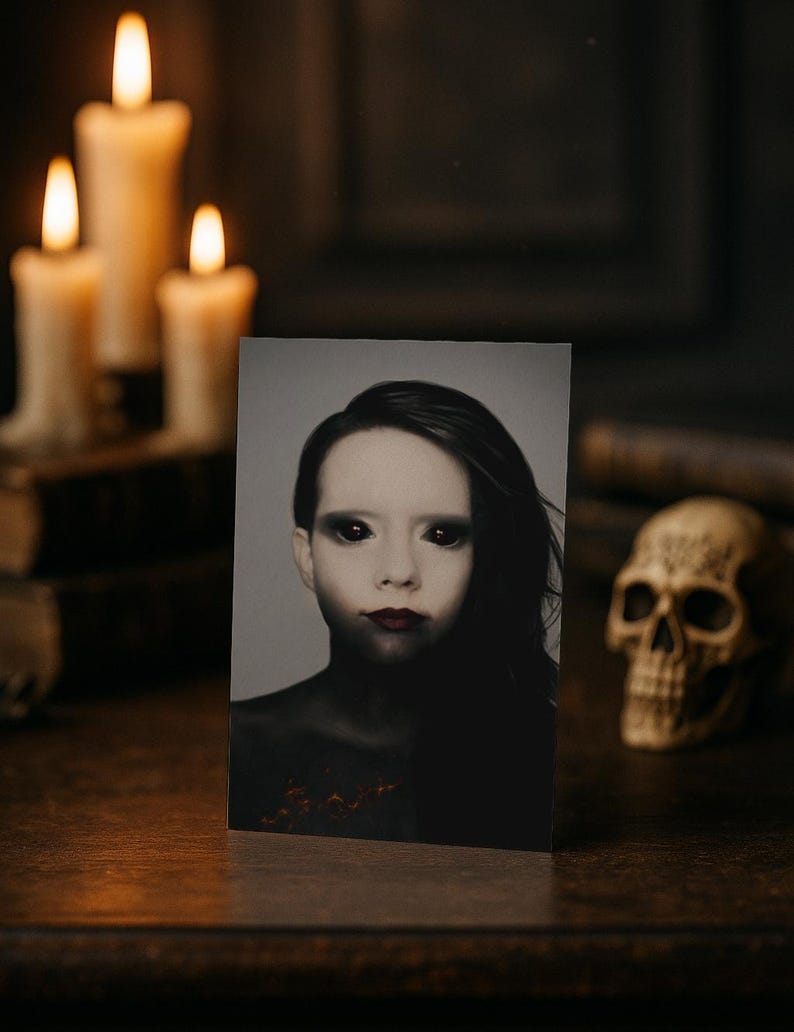 May include: A grayscale portrait of a person with dark hair, black eyes, and dark red lipstick. The image is on a card, with a skull and lit candles in the background, creating a spooky, gothic theme.