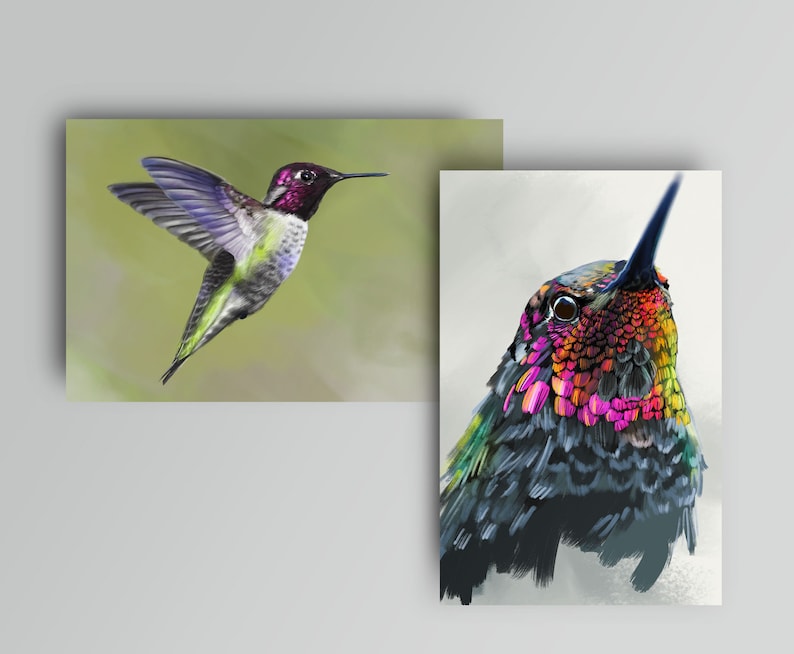 Pack 2 cards Hummingbird Elegant art print A5 Illustration wall decoration wall art poster women art original art image 2