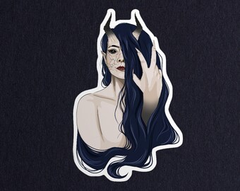 Cracked Face Demon Girl Sticker | Gothic Horns Vinyl Decal | Dark Fantasy Tiefling Art | Olivia Rovere Limited Edition