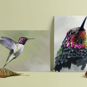 Lot 2 cartes colibri oiseau - Impression élégante d’art A5, Illustration, décoration murale, impression d'art illustré, affiche, art féminin