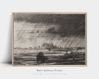 Moody Farmland Sketch | Vintage Rain Scene | PRINTABLE Digital Art #017