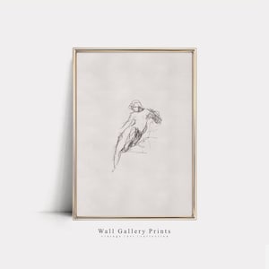 May include: A framed pencil sketch of a seated figure. The artwork is a minimalist drawing with a light background and a gold-colored frame. The text "Wall Gallery Prints vintage art collection" is at the bottom.