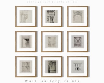 May include: Set of nine framed vintage architectural prints in black and white. The prints feature detailed drawings of columns, arches, and other architectural elements. The frames are a light brown wood.