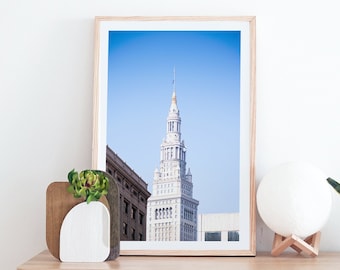Downtown Cleveland, Terminal Tower Color Archival Photo Print, Home Decor, Black and White Photography, Travel, City Skyline