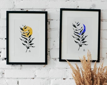 Sun & Moon Fern Illustration Print in Yellow, Plant Art, Home Decor, Wall Decor, Modern, Minimalist, Color Print