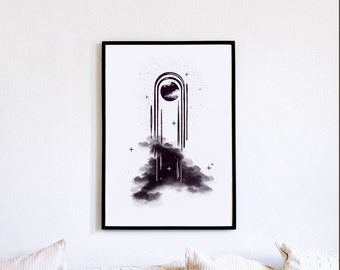 Moon Fall Illustration Print in Black and White, Moon Art, Rain Art, Home Decor, Wall Decor, Modern, Minimalist, Color Print