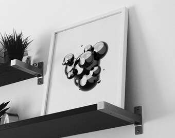 Bubble 3D Abstract Illustration Print in Black and White, Plant Art, Home Decor, Wall Decor, Modern, Minimalist