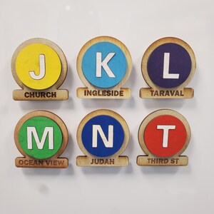 May include: Six wooden circles with letters J, K, L, M, N, and T, each with a different colored background and a line underneath with the name of a San Francisco Muni line: Church, Ingleside, Taraval, Ocean View, Judah, and Third St.