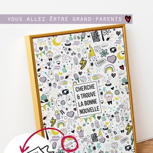 Poster zur Geburtsanzeige „Suche und finde die gute Nachricht“, ideales Geschenk, um den Großeltern die Schwangerschaft anzukündigen