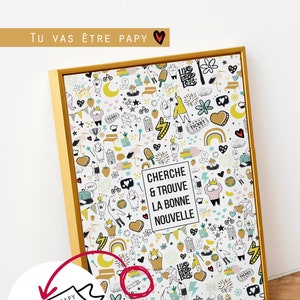 Poster zur Geburtsanzeige „Seek and Find the Good News“, ideales Geschenk, um Großvätern die Schwangerschaft anzukündigen
