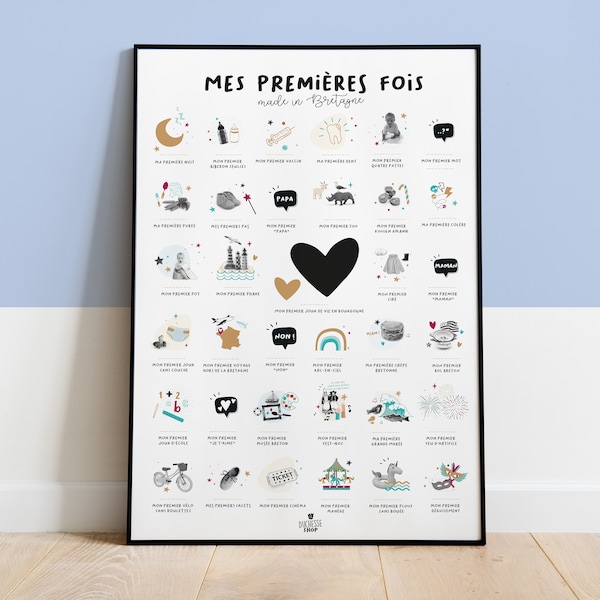 Affiche Mes premières fois de bébé breton, un poster personnalisé à tamponner pour les filles et les garçons made in Bretagne