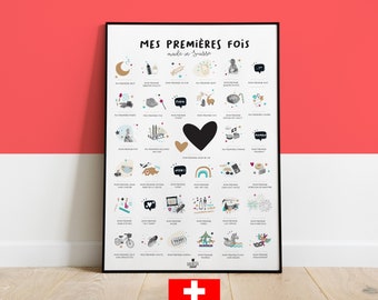 Affiche Mes premières fois de bébé SUISSE, un poster personnalisé à tamponner pour les filles et les garçons made in Suisse