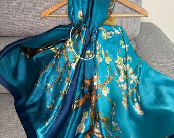 Large Satin Silk Scarf / Oversized Shawl Wrap/ Van Gogh's Turquoise 'Almond blossom'/ 180 x 90cm