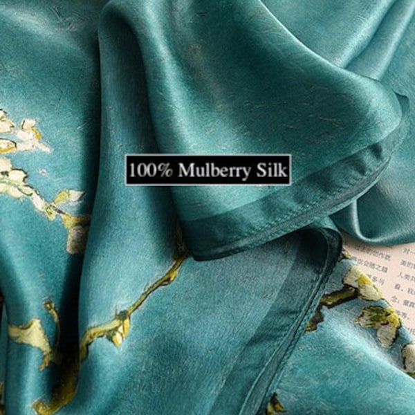Foulard 100 % soie de mûrier - Grand foulard en soie - Imprimé fleurs d'amandier Van Gogh - 180 x 65 cm