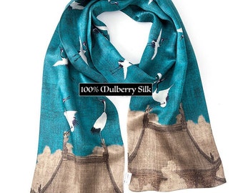 100% Mulberry Silk Scarf - Long double layered Scarf - Emperor’s painting “Auspicious Crane Art”- 150cm x 15cm