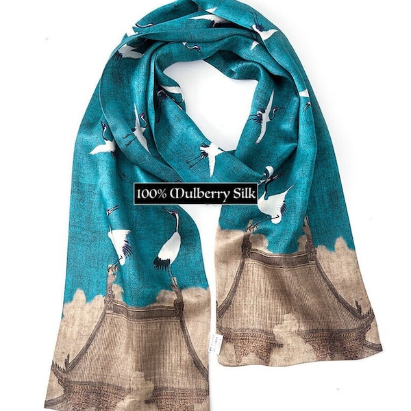 100% Mulberry Silk Scarf - Long double layered Scarf - Emperor’s painting “Auspicious Crane Art”- 150cm x 15cm