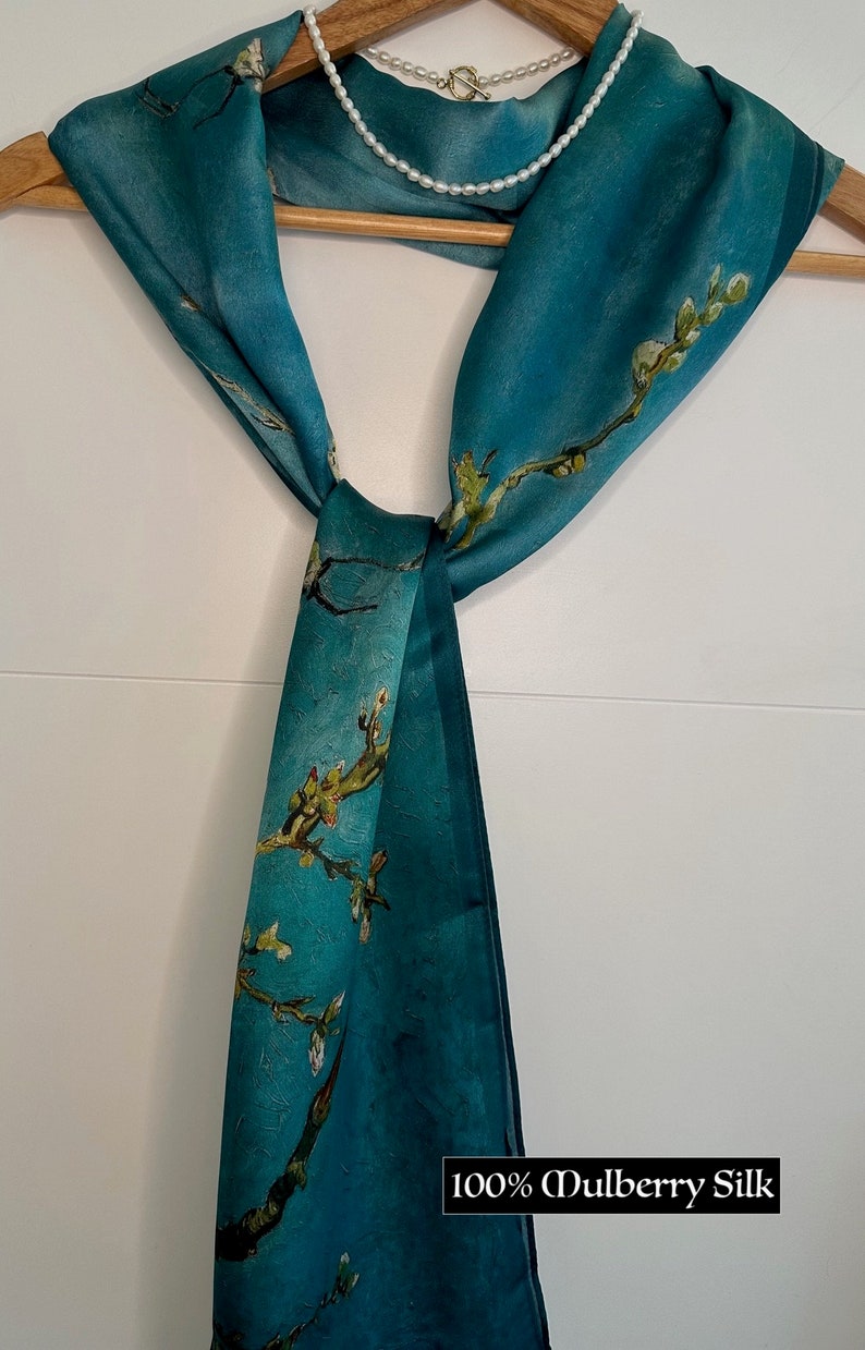 Foulard 100 % soie de mûrier Grand foulard en soie Imprimé fleurs d'amandier Van Gogh 180 x 65 cm image 3