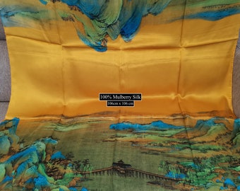 100% Silk Scarf - Large Square Women’s Scarf - A Thousand Li of Rivers and Mountains - Evening Shawl