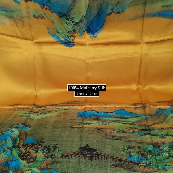 100% Silk Scarf - Large Square Women’s Scarf - A Thousand Li of Rivers and Mountains - Evening Shawl