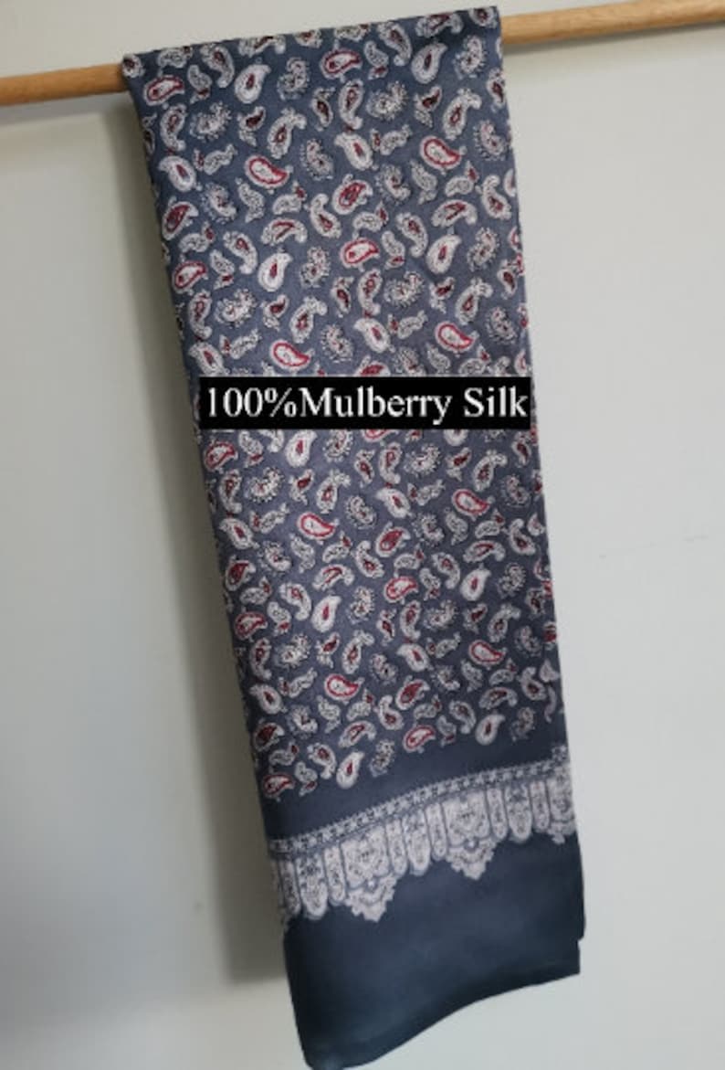 Men's Mulberry Silk Scarf/Double-Layer & Double-Sided Silk Scarf/ Luxurious 100% Mulberry Silk Long Scarf for Men Perfect Gift For Him Grey Paisley