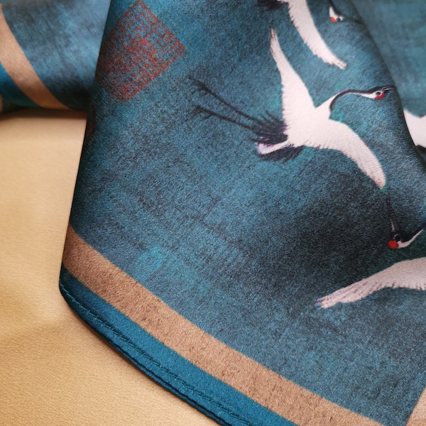 100% Mulberry Silk Scarf - Emperor’s painting “Auspicious Crane Art” & A Thousand Li of Rivers and Mountains