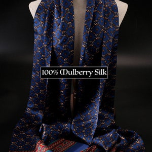 Men's Mulberry Silk Scarf/Double-Layer & Double-Sided Silk Scarf/ Luxurious 100% Mulberry Silk Long Scarf for Men Perfect Gift For Him Blue Buckle