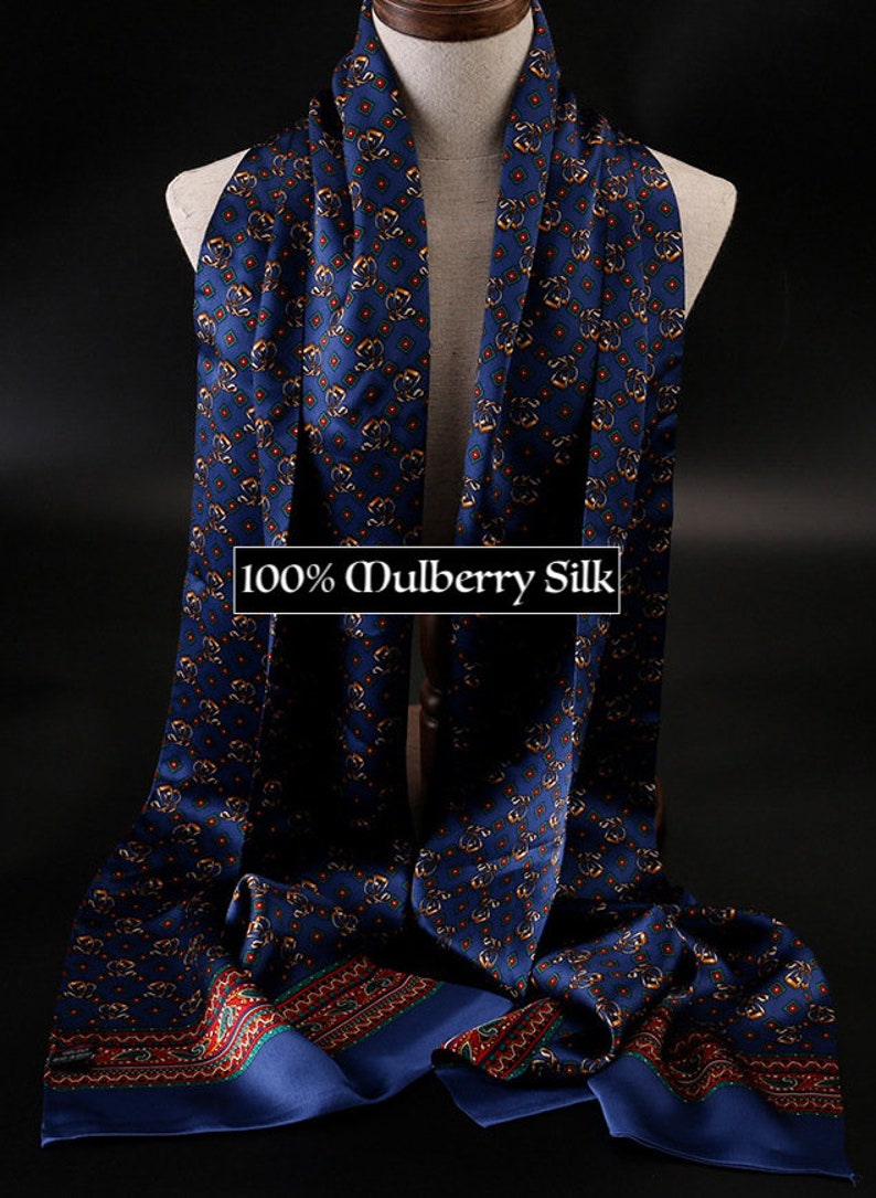 Men's Mulberry Silk Scarf/Double-Layer & Double-Sided Silk Scarf/ Luxurious 100% Mulberry Silk Long Scarf for Men Perfect Gift For Him Blue Buckle