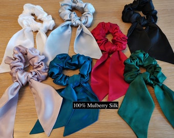 100% Mulberry Silk Bow Scrunchie - Large Elegant Silk Bow for Women - Ribbon Hair Tie - Silk Hair band - Bowknot Elastic - Christmas Gift