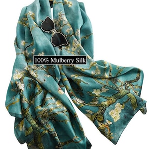 Foulard 100 % soie de mûrier Grand foulard en soie Imprimé fleurs d'amandier Van Gogh 180 x 65 cm image 2