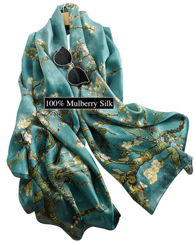 Foulard 100 % soie de mûrier Grand foulard en soie Imprimé fleurs d'amandier Van Gogh 180 x 65 cm image 2