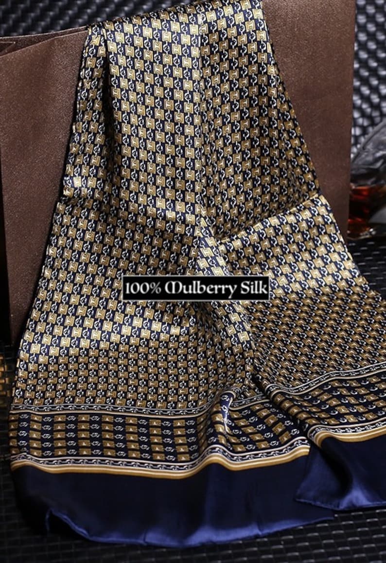 Men's Mulberry Silk Scarf/Double-Layer & Double-Sided Silk Scarf/ Luxurious 100% Mulberry Silk Long Scarf for Men Perfect Gift For Him Navy Square