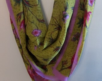 Vintage 90's GILDA'S CLUB Scarf 100% Polyester Georgette- Vibrant red and Lavender flowers on Green Background