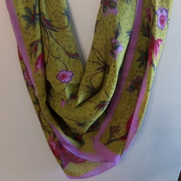 Vintage 90's GILDA'S CLUB Scarf 100% Polyester Georgette- Vibrant red and Lavender flowers on Green Background