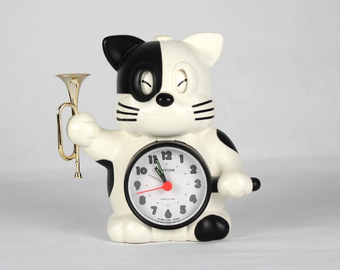 Vintage RHYTHM Bugle Cat Rise & Shine Alarm Clock Made in Japan WORKS
