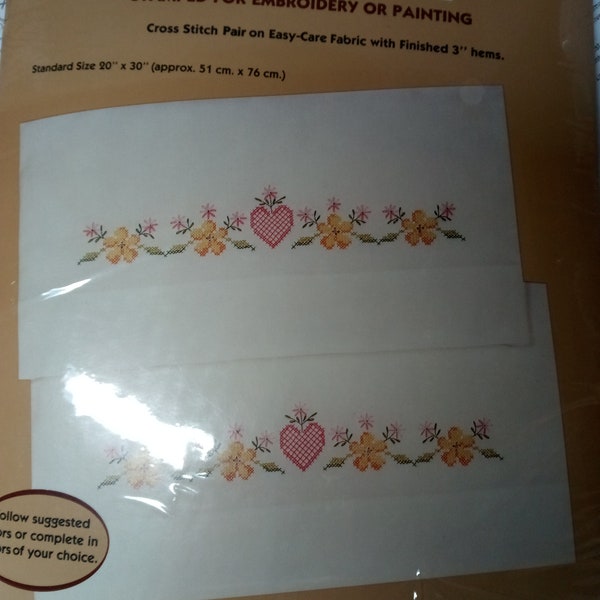 PARAGON'S No. 8331 "Cross Stitch Heart" Stamped Pillowcases- Stamped for Embroidery or Painting-
