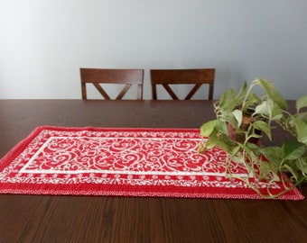 Bright Handmade Quilted Table runner/Table topper  15" x 31" Red and white prints-reversible