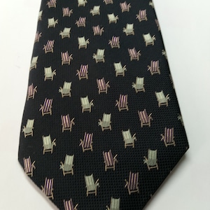 Tommy Bahama Off-Island Hand Made All Silk Necktie- Conservative yet Playful- Black with Beach chairs