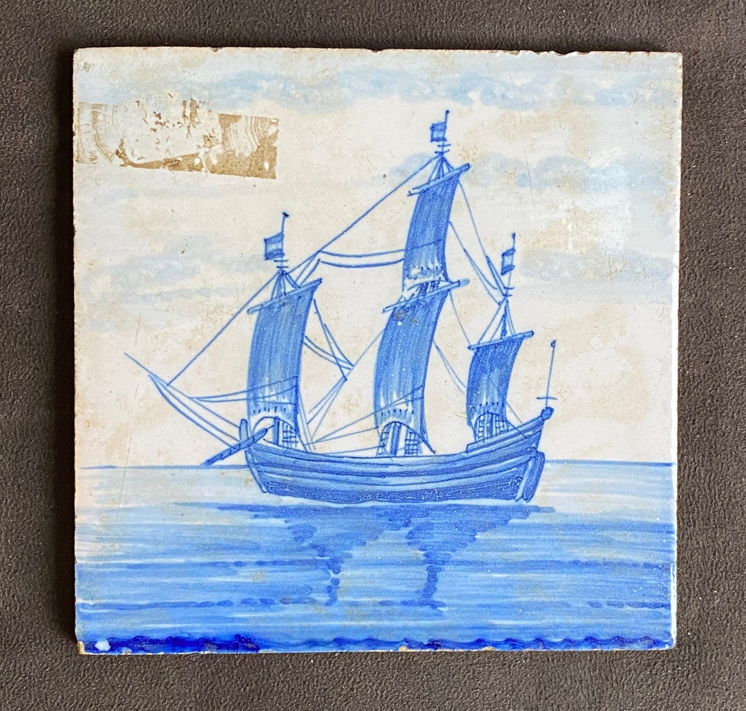 ANTQ Delft Tile Hand-painted Blue on White of Sailing Ship, Tin Glazed ...
