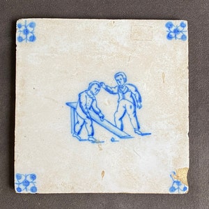 ANTQ Delft Tile Hand-Painted Blue on White of Boys Marble Game/Spider Corners Tin Glazed Earthenware Delftware 6&quot;SQ 19th Century Netherlands