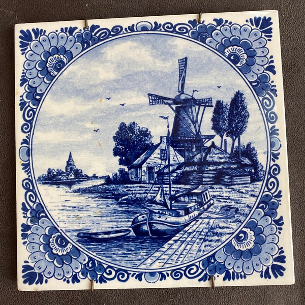 ANTQ Delft Tile w/ Hang Hardware- Artisan Hand-Painted Blue/White of Village Windmill Docked Sailboat Motif, c. 1920s Delftware Netherlands