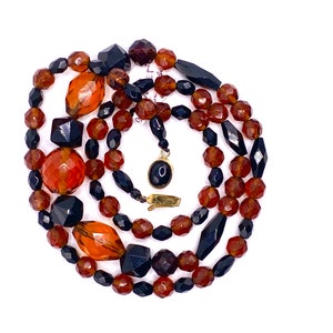 Black & Orange Bead Necklace- Handcrafted Single Strand 27 inch w/ Faceted Jet Black Crystal and Amber-Colored Beads 14k GF Slide Clasp USA
