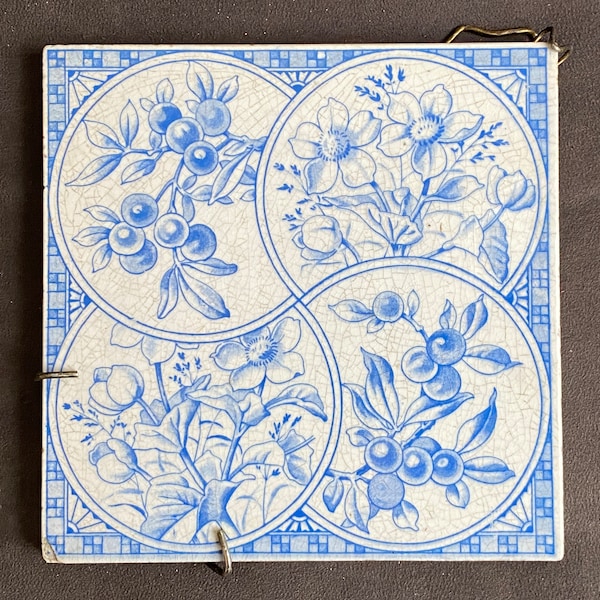 ANTQ Blue Tile Floral Tile Art Nouveau Transferware Flowers & Berries Tin Glazed Earthenware Tile Late 19th Century Hanging Hardware English