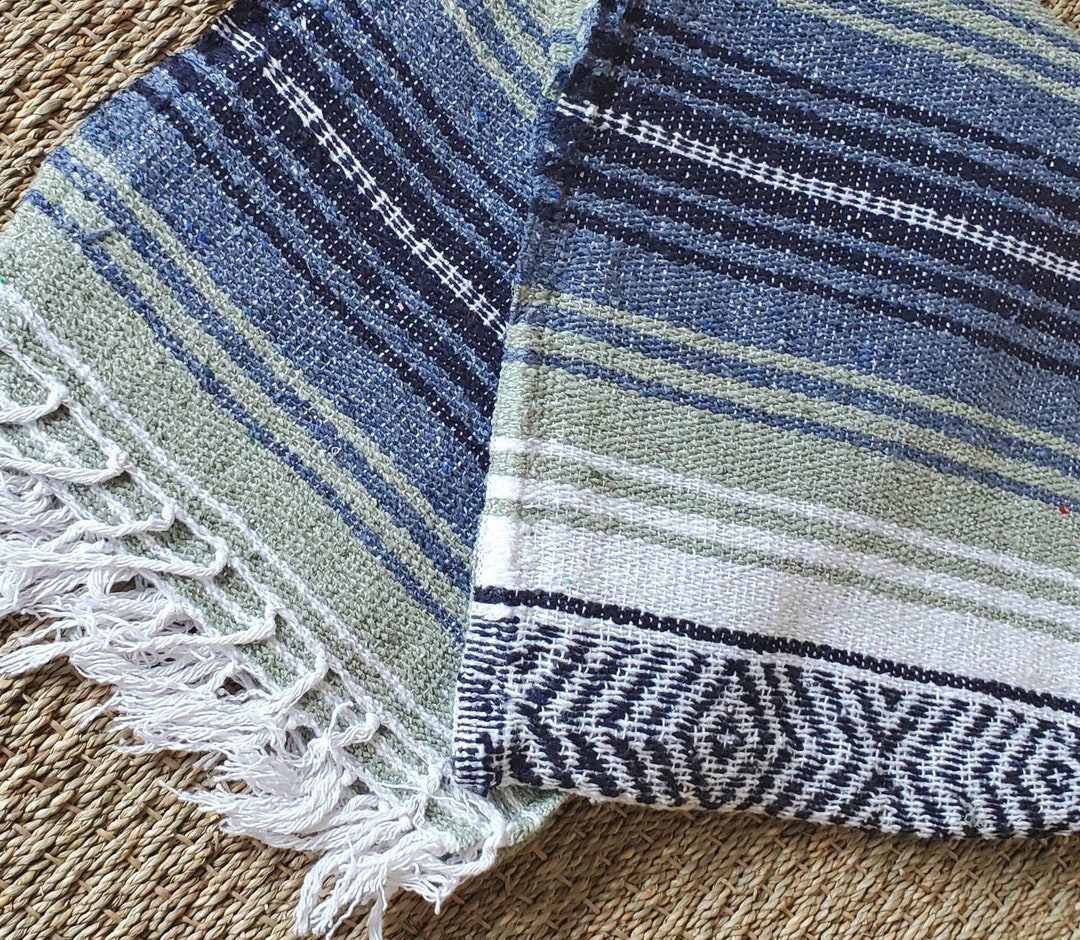 Light Olive and Slate Blue Mexican Blanket Beach Blanket Etsy