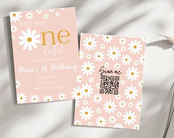 May include: Two pink daisy-themed birthday invitations. One features text: "little miss one derful" and "Briar's 1st Birthday". The other has a daisy pattern and a QR code that says "Scan me".