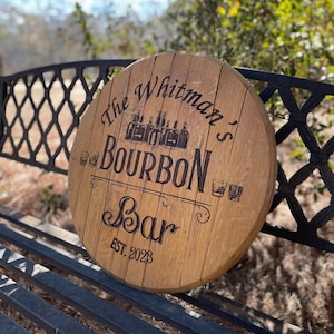 Reclaimed Oak Bourbon Barrel HEAD Sign - Recycled Whiskey Barrel Lid - Custom Design Sign - Engraved Bourbon BAR Design- Personalized Sign