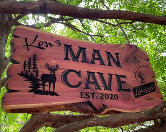 Man Cave Design - Custom Bar Sign - Live Edge Cedar Wood - Outdoor/Indoor - Carved Sign - Rustic Sign - Bar - Pub - Den - Personalized