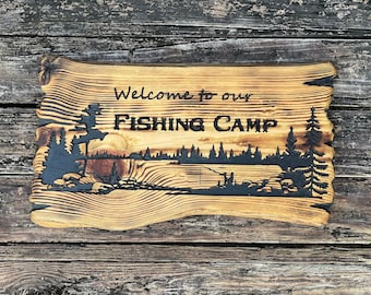 Fishing Camp Sign: Live Edge Torched Longleaf Pine