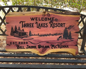 Custom CABIN Outdoor Wood Sign - Deer - Lake - Carved Cedar Sign - Rustic Sign - Personalized - Live Edge Wood Sign - Lakehouse - Cabin Sign