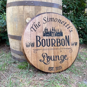 CUSTOM Reclaimed Oak Bourbon Barrel Lid Sign - Recycled Bourbon Barrel - Custom Design - Wall Hanging - Engraved - Personalized
